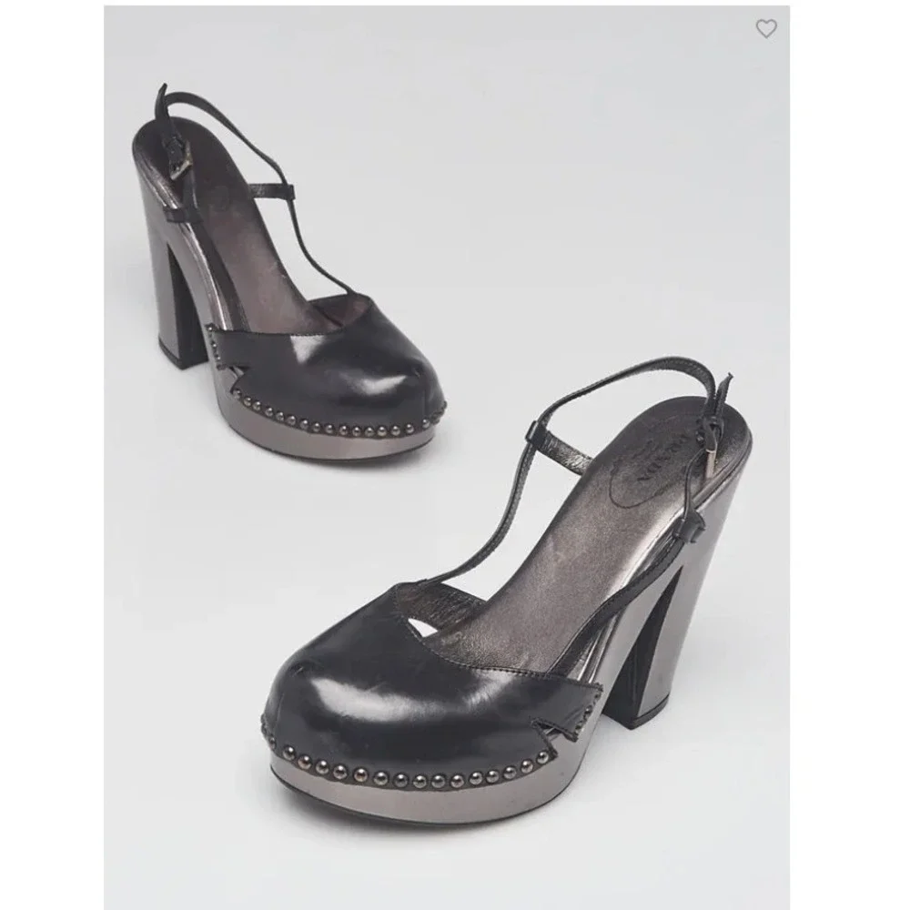 Prada Platform Slingback Heels Womens Black Gunmetal Good Studded Block Heel 38